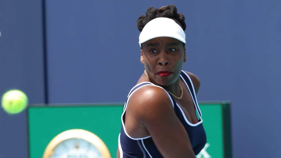American tennis player Venus Williams plays against Russian tennis player Diana Shnaider in the Women’s Singles 1st Round of the Miami Open in the Grandstand at the Hard Rock Stadium on Tuesday, March 19, 2024, in Miami Gardens, Florida.