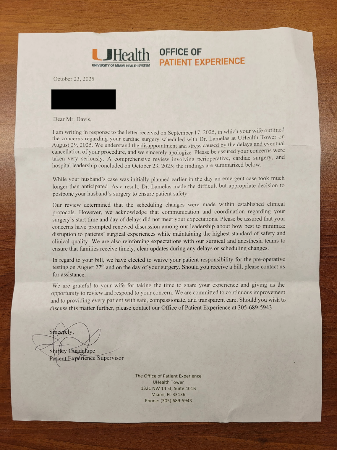 A photo of the letter UHealth’s Office of Patient Experience sent to Michael Davis in response to the complaint his wife sent in September.