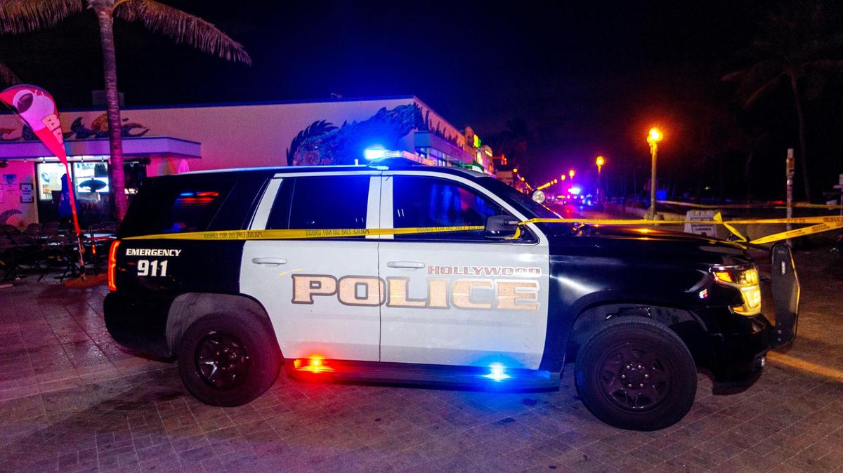 A Hollywood Police Car sits parked on the 1200 block of North Broadwalk near the Hollywood Beach Theatre police have responded to reports of multiple people shot during Memorial Day weekend at Hollywood, Florida, on Monday, May 29, 2023.