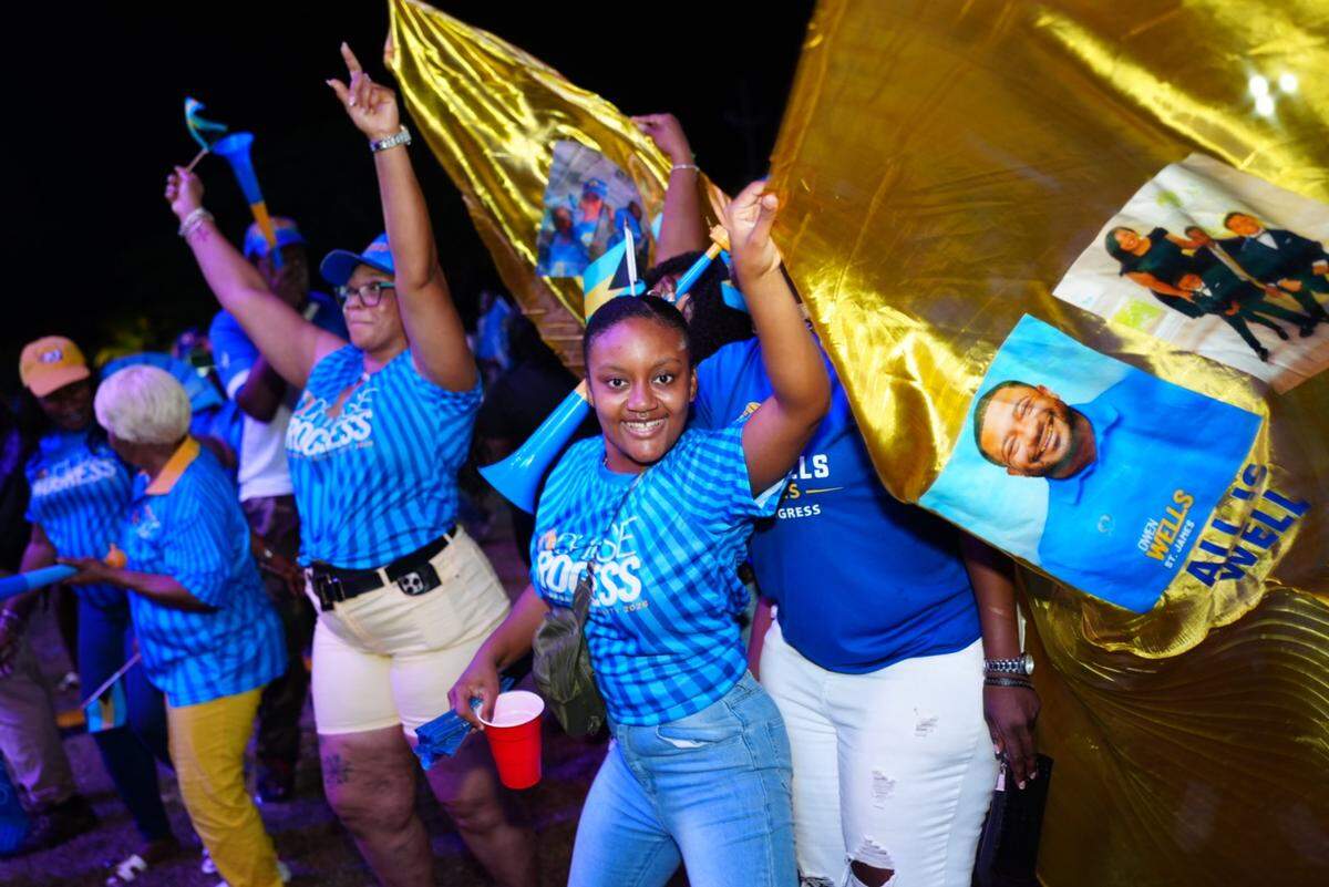 Progressive Liberal Party supporters in The Bahamas celebrate a historic second consecutive five-year term in office on Tuesday, May 12, 2026, after results came in. The victory rally was held in New Providence.