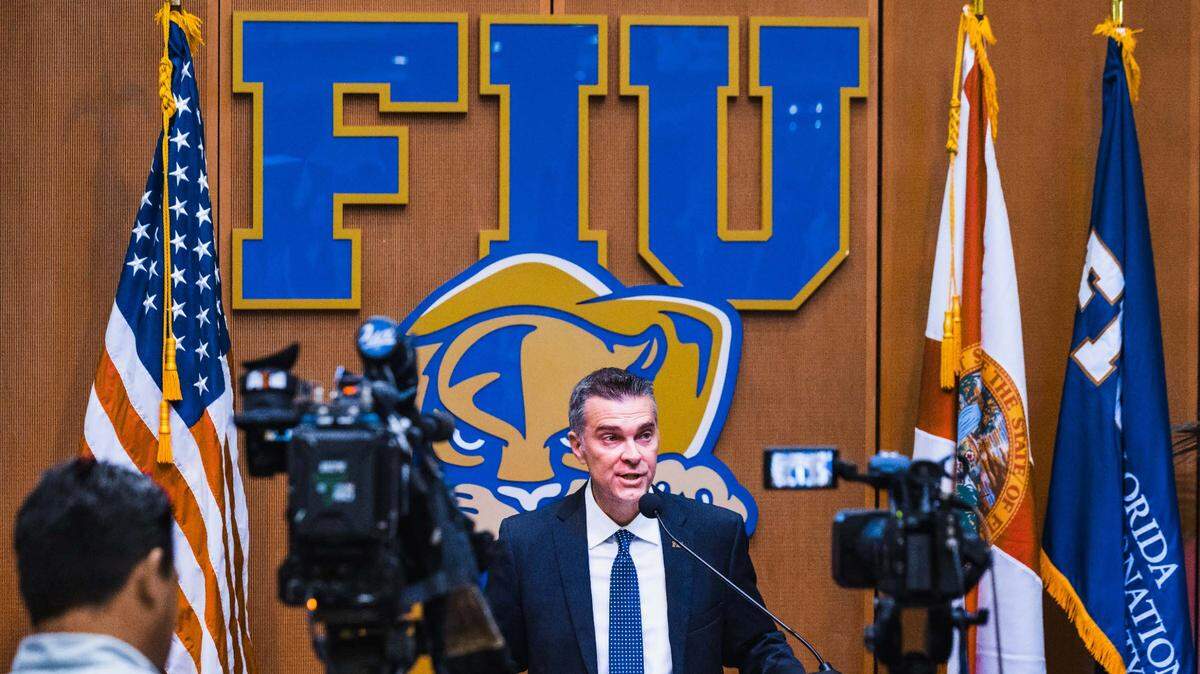 New FIU athletic director Scott Carr addresses the media in his introductory news conference at the school on Wednesday.