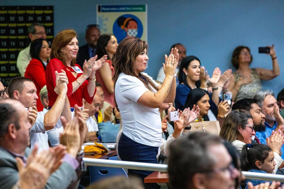 A crowd reacts to Florida Gov. Ron DeSantis’ remarks before he signed HB 7, ‘Individual Freedom,’ also dubbed the “Stop Woke Act,” during a press conference at Mater Academy Charter Middle/High School in Hialeah Gardens, Florida, on Friday, April 22, 2022.