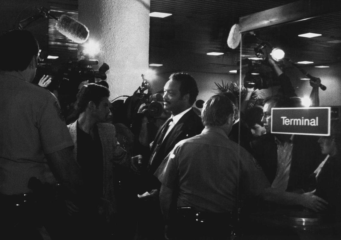 Jesse Jackson at a news conference in Miami after arriving from Cuba.