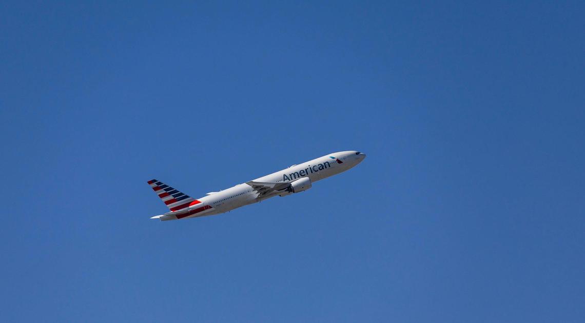An American Airlines flight is seen departing from Miami International Airport on Monday, May 1, 2023, in Miami, Fla. Following four years of negotiations, the Allied Pilots Association agreed upon a strike authorization on behalf of American Airlines pilots.
