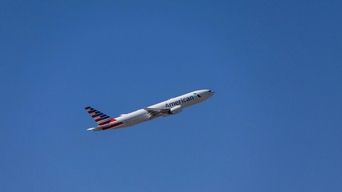 In this file photo, an American Airlines flight is seen departing from Miami International Airport on Monday, May 1, 2023.