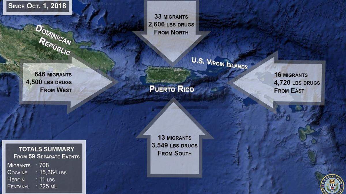The is a graphic depiction of Coast Guard and partner law enforcement interdiction activity surrounding Puerto Rico and the U.S. Virgin Islands from Oct. 1, 2018 to Jan. 14, 2019.