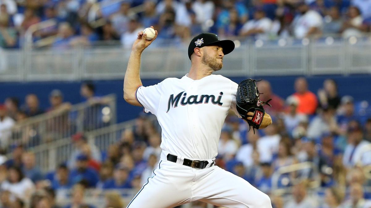 Miami Marlins pitcher Trevor Richards in the first inning as they play the Chicago Cubs at Marlins Park in Miami, Florida, Monday, April, 15, 2019.