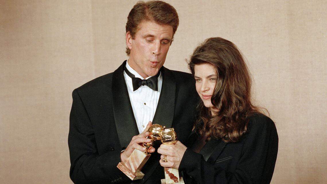 Ted Danson, left, and Kirstie Alley pose backstage at the 48th Annual Golden Globe Awards on Jan. 19, 1991, in Beverly Hills, Calif. Danson and Alley won for best actor and best actress in a television comedy for their work on “Cheers.” Alley, a two-time Emmy winner who starred in the 1980s sitcom “Cheers” and the hit film “Look Who’s Talking,” has died. She was 71.