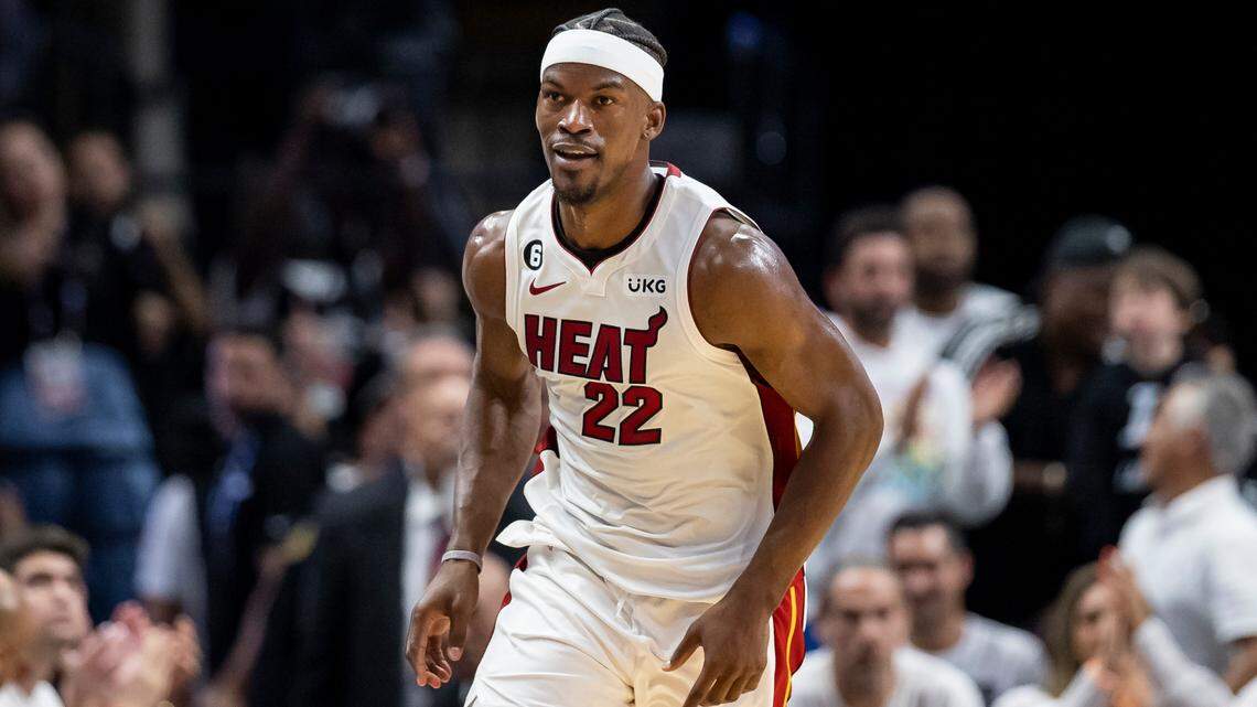 Miami Heat forward Jimmy Butler (22) reacts after scoring against the New York Knicks in the fourth quarter of Game 4 of the NBA Eastern Conference Semifinals at the Kaseya Center in Miami on Monday, May 8, 2023.