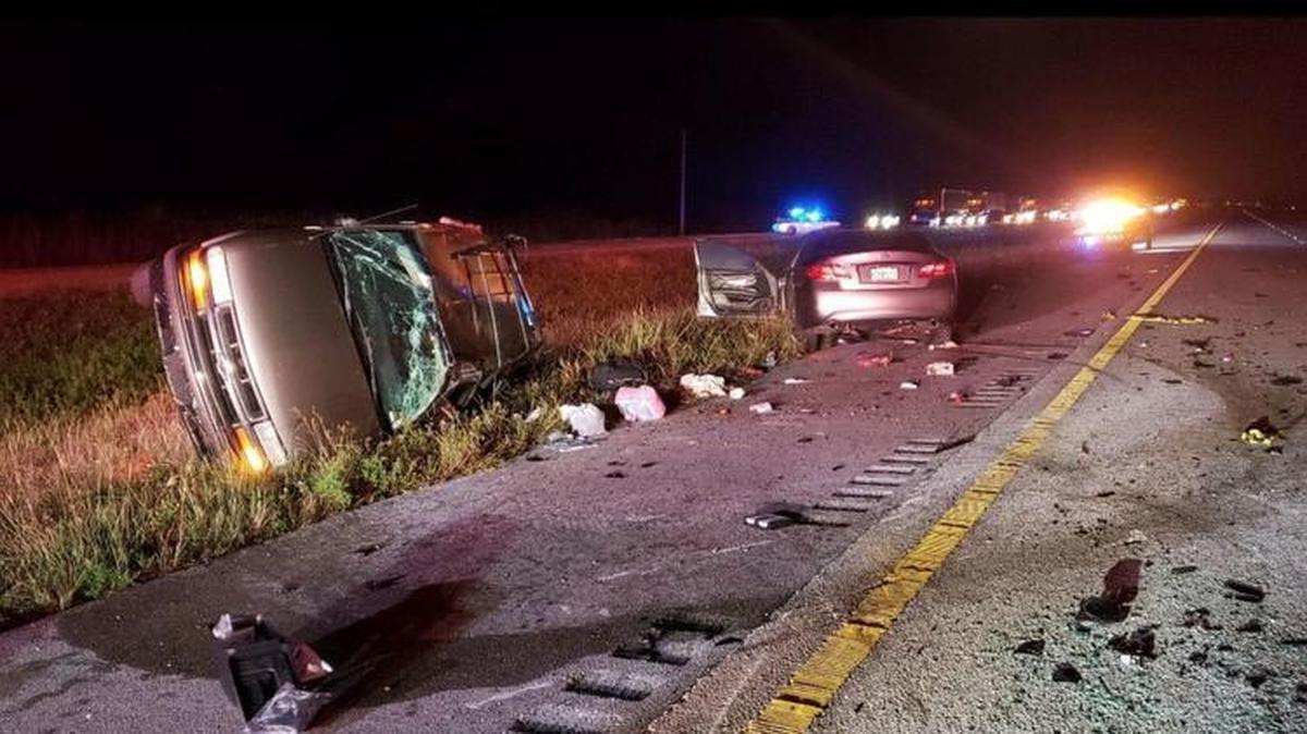 According to officials, nine people, including a 9-year-old girl who died, were involved in a three-vehicle rollover crash on Interstate 75 near mile marker 43 in western Broward County about 3 a.m. on Wednesday, April 17, 2019.