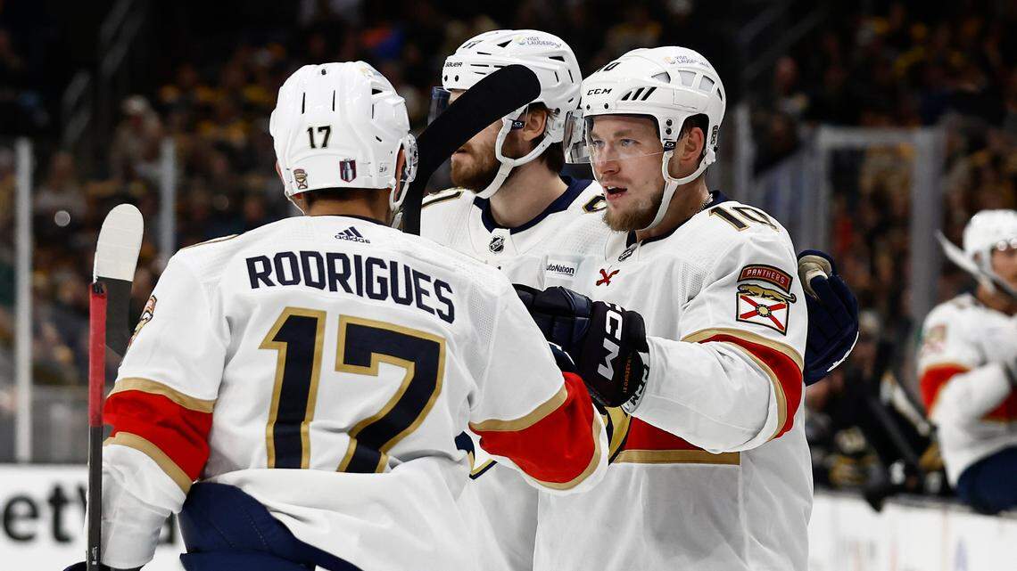 Florida Panthers right wing Vladimir Tarasenko (10) is congratulated by teammates after scoring against the Bruins during the second period of gam three in their second-round 2024 Stanley Cup Playoff series Friday in Boston.