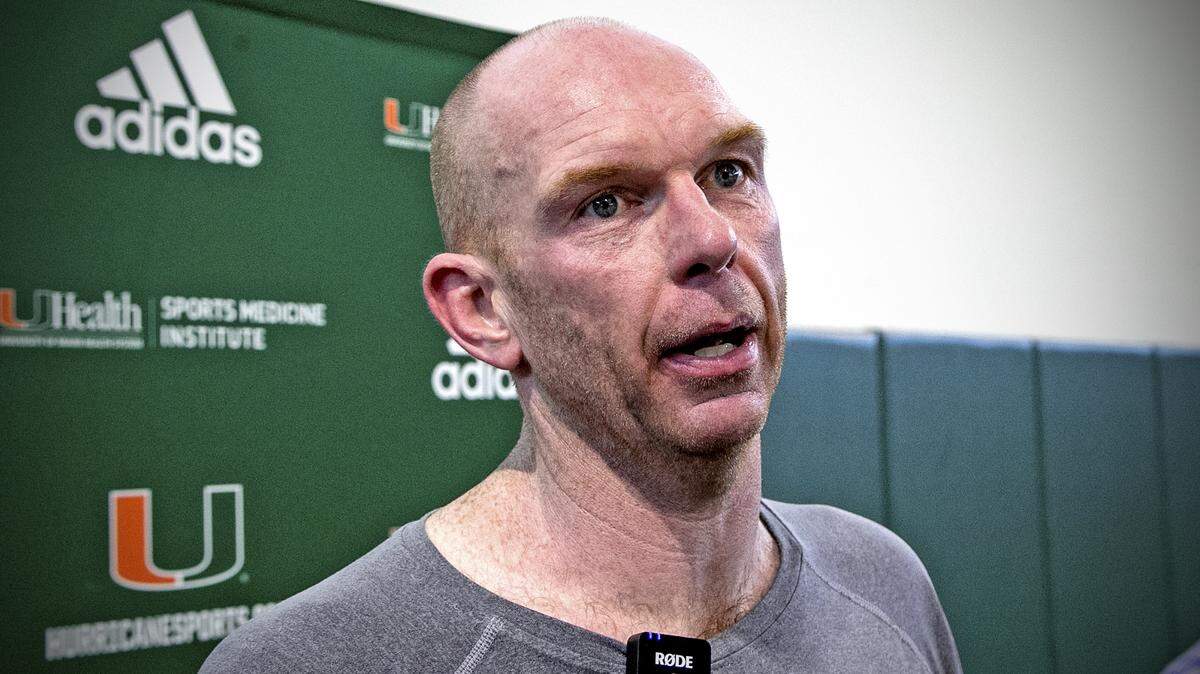 Miami Hurricanes offensive line coach Butch Barry speaks to the media after practice at the University of Miami Greentree Practice Field in Coral Gables on Tuesday, August 6, 2019.