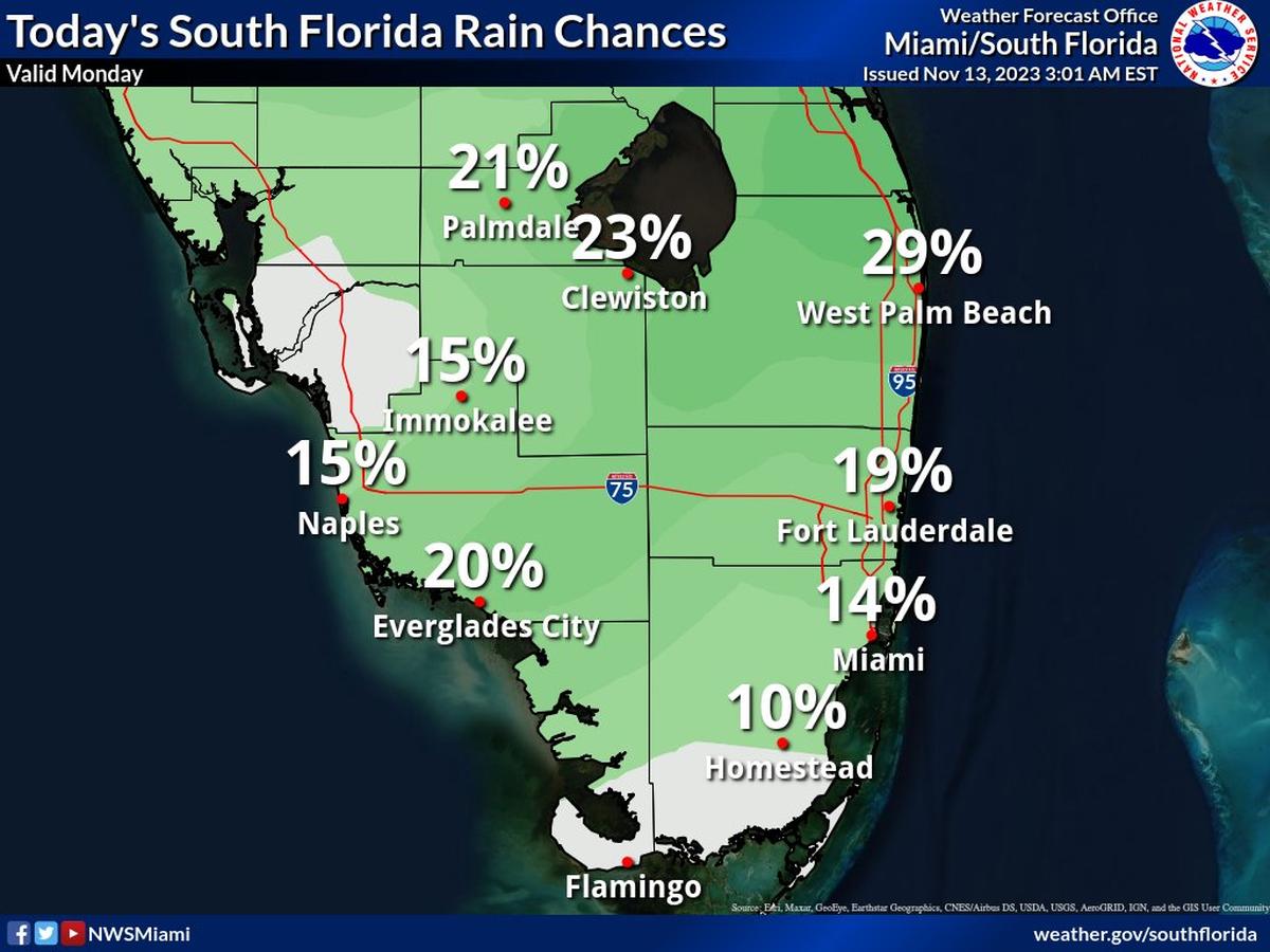 Rain chances across South Florida on Monday, Nov. 13, 2023.