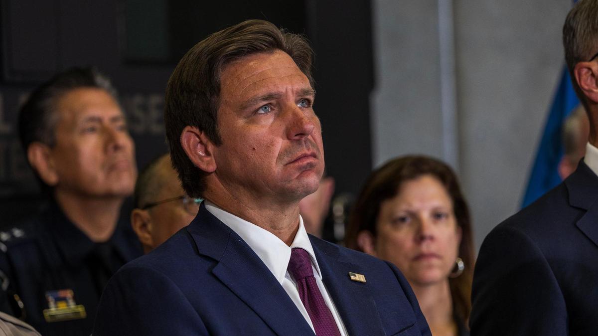 Florida Gov. Ron DeSantis reacts during a press conference on Thursday, May 1, 2025.