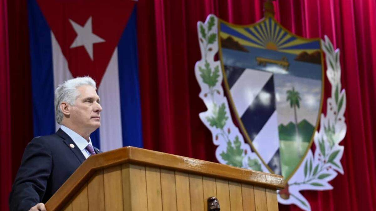 Miguel Díaz-Canel during a speech after being reappointed by the National Assembly as president of Cuba for a second term on April 19, 2023.