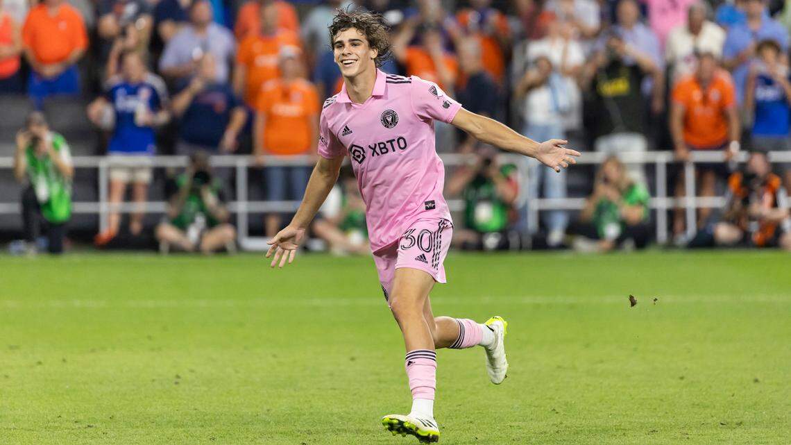 Inter Miami midfielder Benjamin Cremaschi (30) celebrates after scoring the game winning penalty against FC Cincinnati during their U.S. Open Cup semifinal at TQL Stadium on Wednesday, Aug. 23, 2023, in Cincinnati, Ohio.