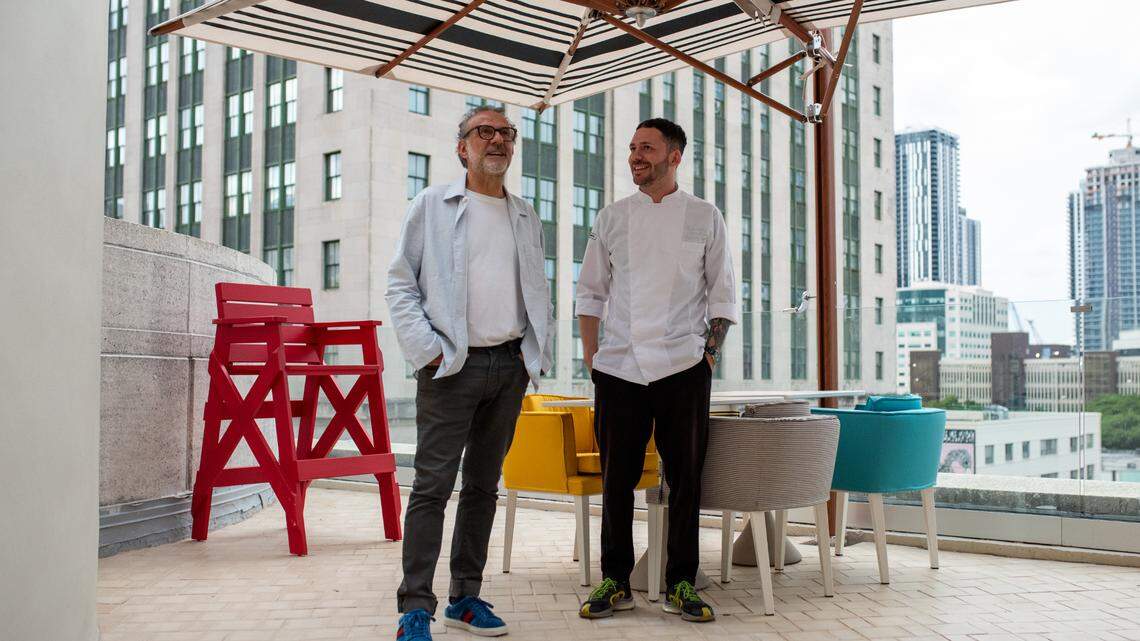 Italian chef Massimo Bottura and chef de cuisine Bernardo Paladini at the rooftop restaurant Torno Subito, opening atop Julia & Henry’s food hall in downtown Miami.