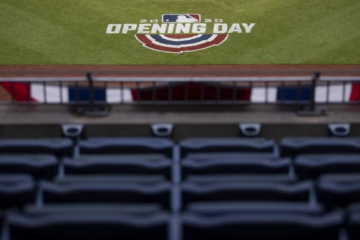 PHILADELPHIA, PA - JULY 24: A general view of the 2020 Opening Day logo during the game between the Miami Marlins and Philadelphia Phillies at Citizens Bank Park on July 24, 2020 in Philadelphia, Pennsylvania. The 2020 season had been postponed since March due to the COVID-19 pandemic. The Marlins defeated the Phillies 5-2. (Photo by Mitchell Leff/Getty Images)