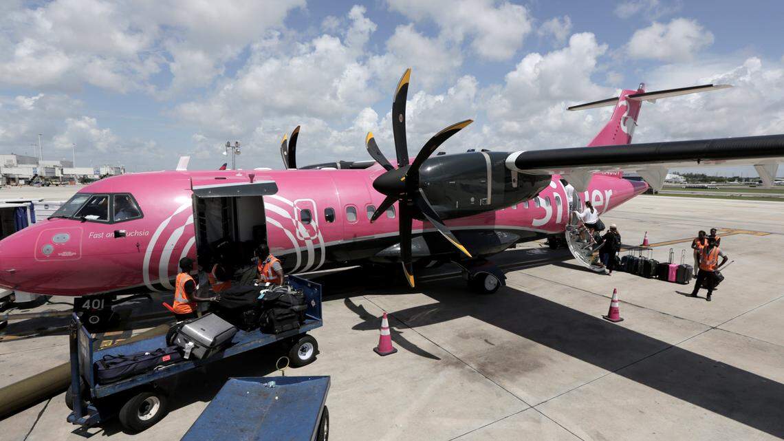 One of Silver Airways’ signature pink planes prepares for departure from the Fort Lauderdale-Hollywood International Airport on June 28, 2019.