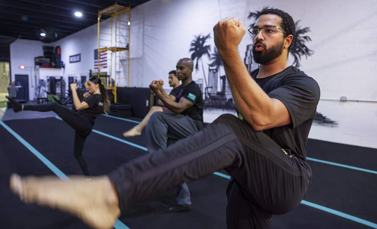 Jalen Dominguez, 26, a member of Miami Action Design, runs drills during a training session at the gym on Tuesday, Aug. 12, 2025, in Miami, Fla. Miami Action Design is the first stunt gym in Miami-Dade County and offers classes that teach members how to become stunt performers for movies and television.