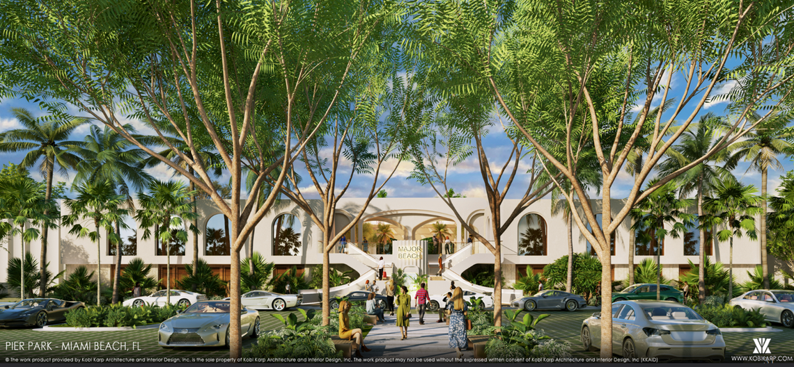 A rendering shows the front entrance of a proposed project by Boucher Brothers and Major Food Group at the current site of Nikki Beach.