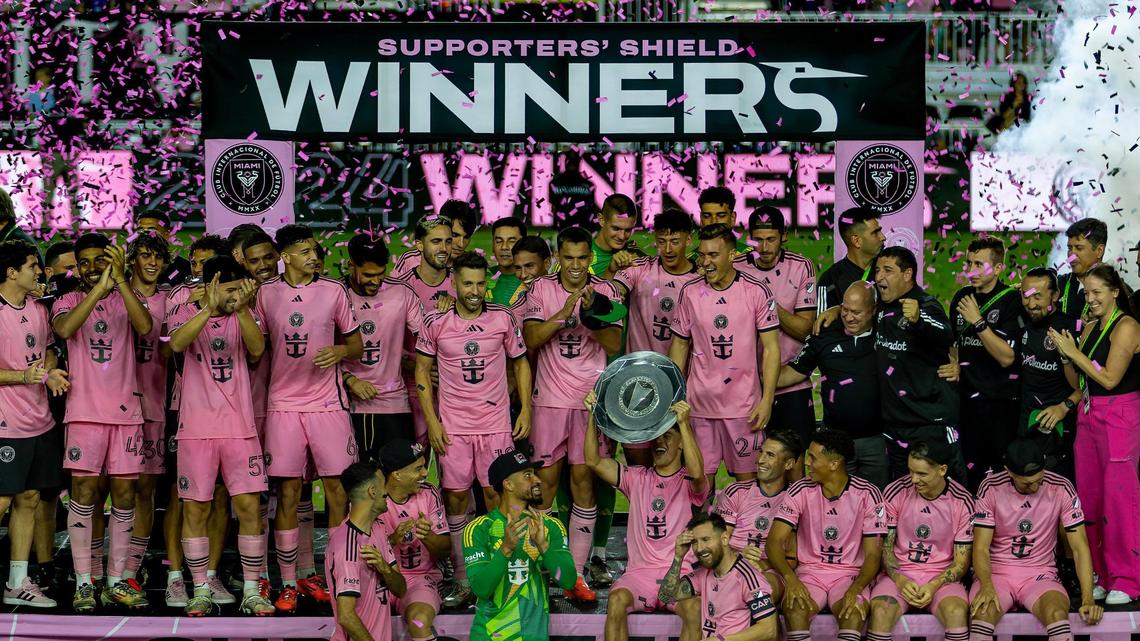 Inter Miami forward Lionel Messi (10) celebrates with his teammates after winning the MLS Supporters’ Shield after their match against the New England Revolution at Chase Stadium on Saturday, October 19, 2024 in Fort Lauderdale, Florida.