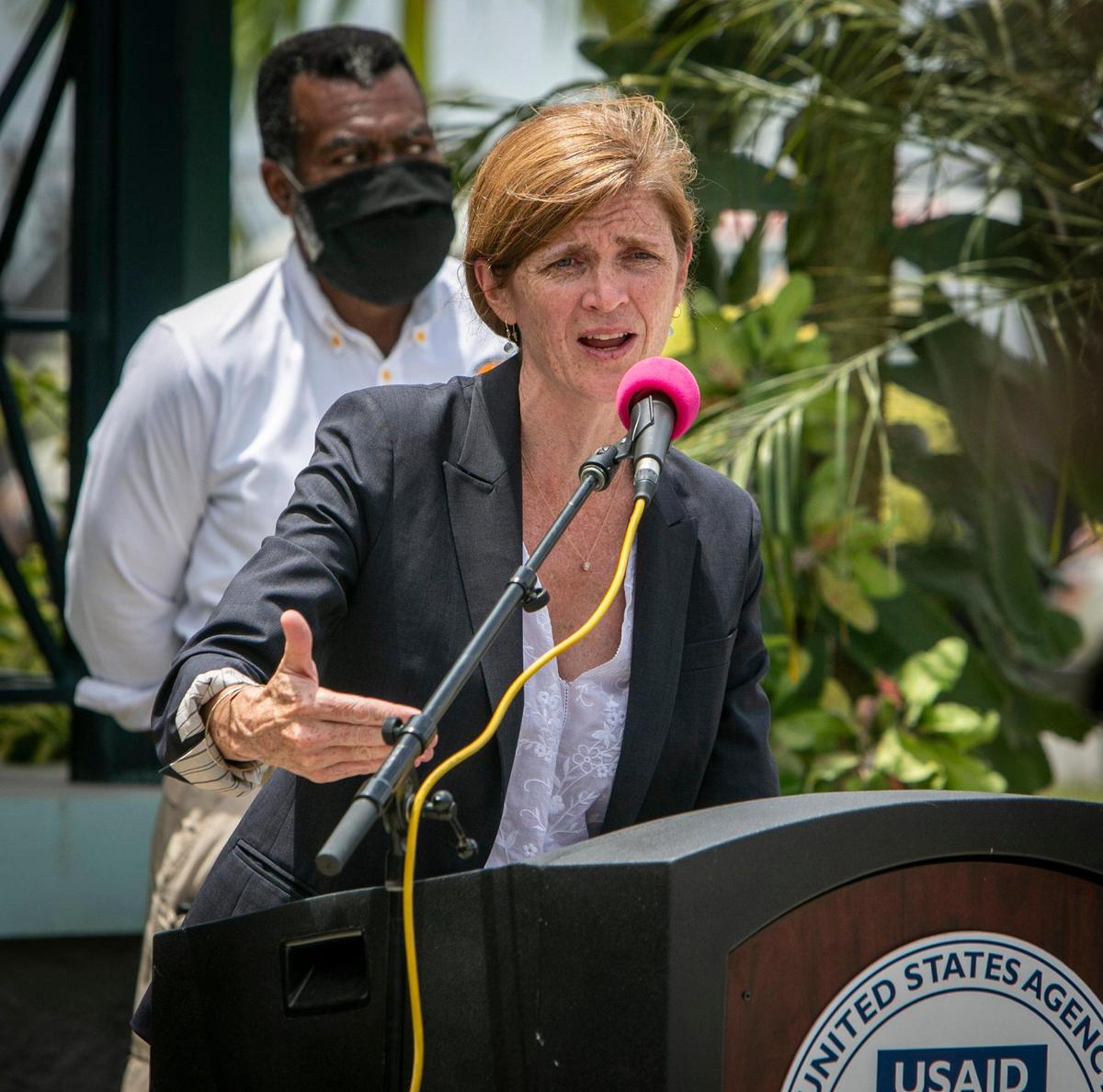 USAID Administrator Samantha Power speaks during a press conference at Port-au-Prince-Toussaint Louverture International Airport on Thursday, Aug. 26, 2021.