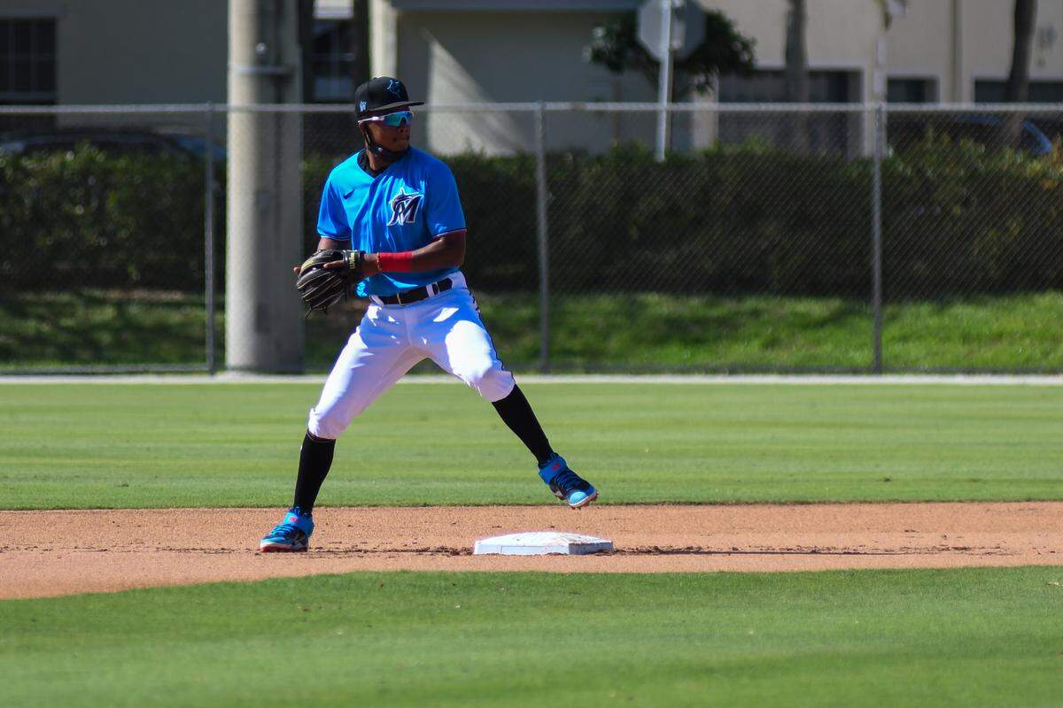 Miami Marlins infielder Jose Devers goes through defensive drills on Friday, Feb. 26, 2021, during spring training at the Roger Dean Chevrolet Stadium complex in Jupiter, Florida.