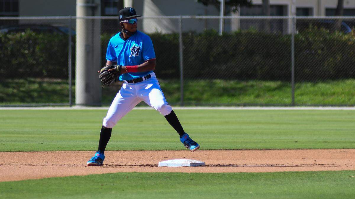 Miami Marlins infielder Jose Devers goes through defensive drills on Friday, Feb. 26, 2021, during spring training at the Roger Dean Chevrolet Stadium complex in Jupiter, Florida.