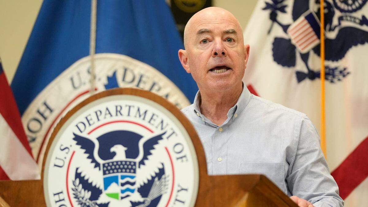 Secretary of Homeland Security Alejandro Mayorkas speaks at a news conference at the U.S. Border Patrol South Station in Eagle Pass on Monday January 8, 2024.