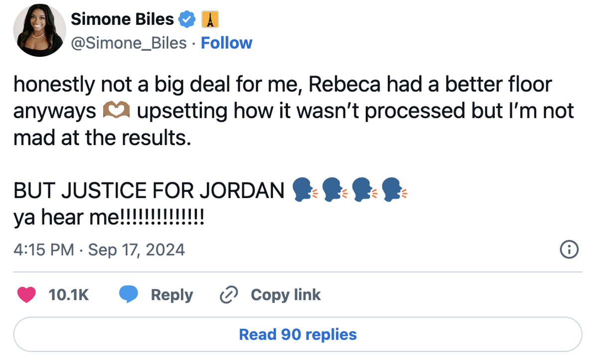 Simone Biles response after it was revealed her floor final inquiry was mishandled.