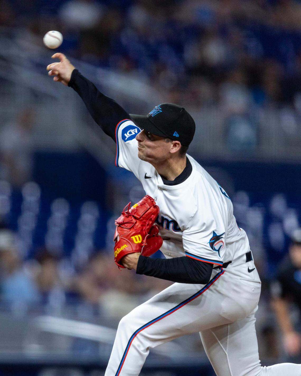 Miami Marlins pitcher Calvin Faucher (53) throws the ball during the ninth inning of an MLB game against the Cincinnati Reds at loanDepot park on Tuesday, April 22, 2025, in Miami, Fla.