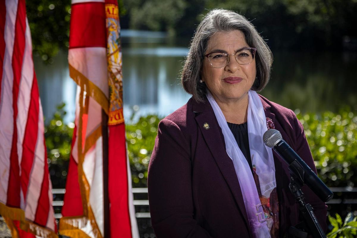 Miami-Dade Mayor Daniella Levine Cava answers questions from reporters after delivering the State of the County address at Greynolds Park in North Miami Beach on Jan. 31, 2022.