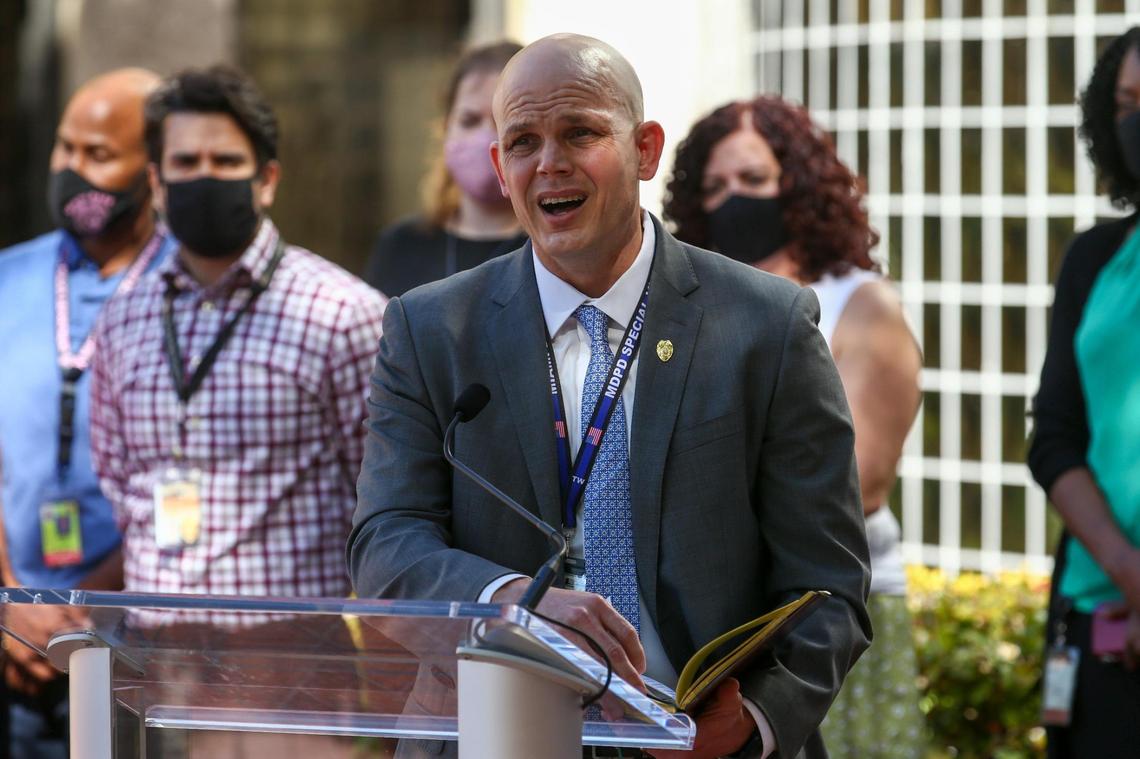 Special Victims Bureau Major Brian Rafky speaks on the arrest of Aliex Santiesteban in the armed sexual battery of a 12-year-old, during a press conference outside the Miami-Dade Police Fred Taylor Headquarters Building in Doral on Tuesday, March 30, 2021.