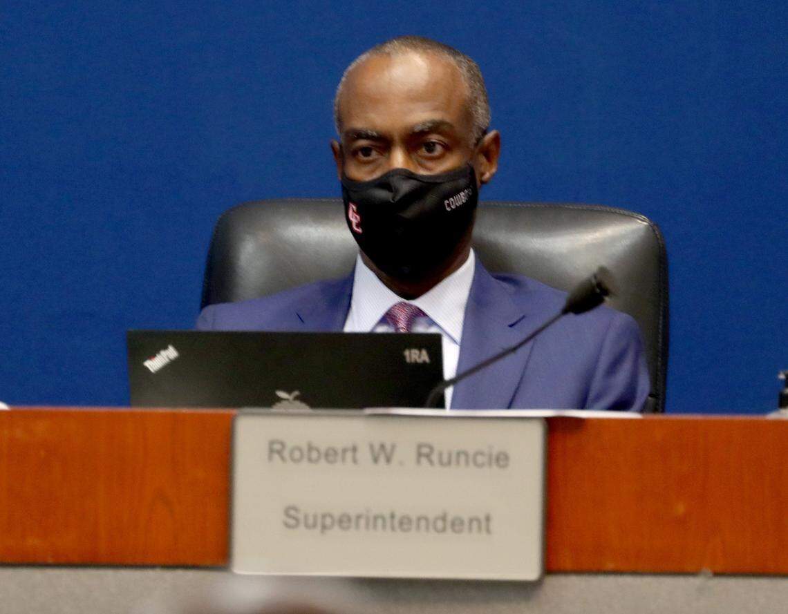 Broward Schools Superintendent Robert Runcie attends a meeting where a divided School Board approved a $754,900 exit package on Tuesday May 11, 2021 in Fort Lauderdale, Fl. Runcie’s last day is scheduled to be Aug. 10, although he is expected to stop serving as superintendent once an interim replacement is named.