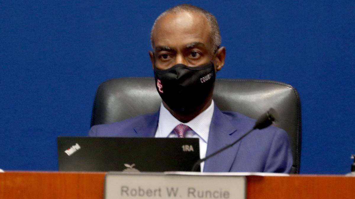 Broward Schools Superintendent Robert Runcie attends a meeting where a divided School Board approved a $754,900 exit package on Tuesday May 11, 2021, in Fort Lauderdale. Runcie’s last day is scheduled to be Aug. 10, although he is expected to stop serving as superintendent once an interim replacement is named.