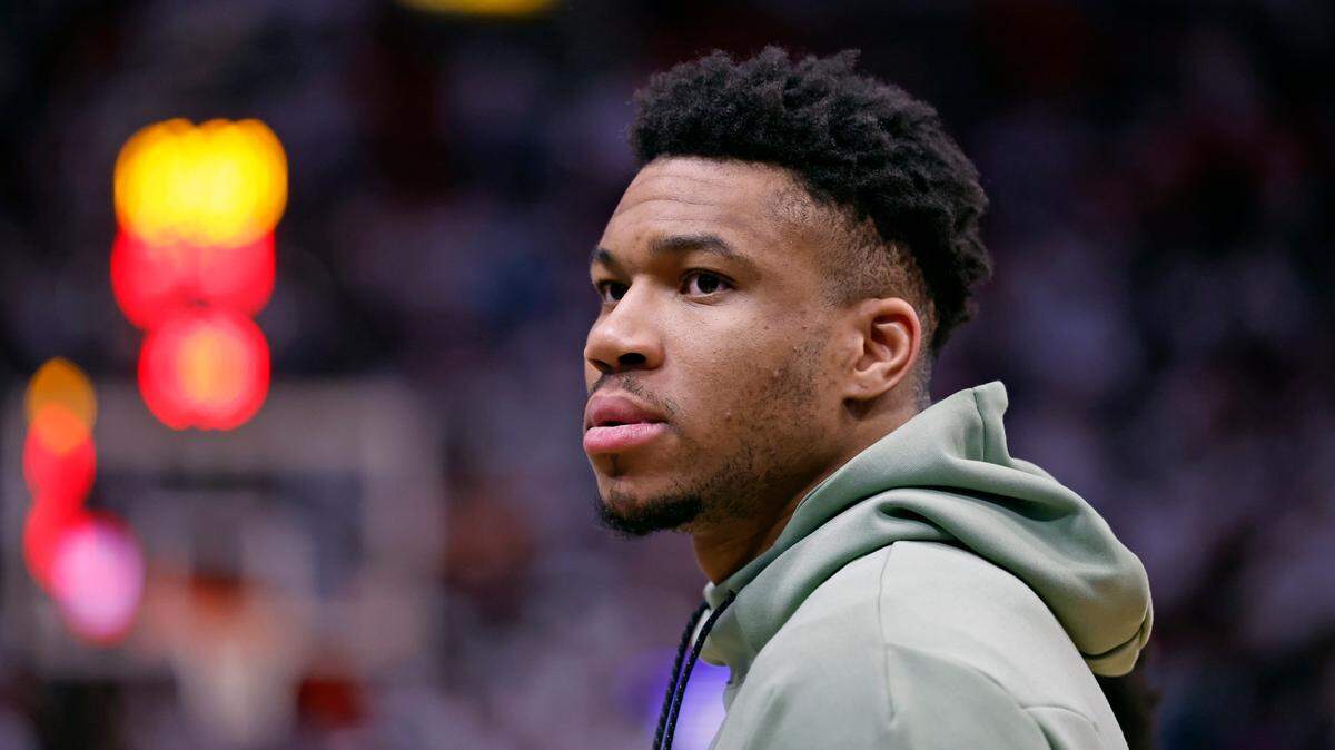 Milwaukee Bucks forward Giannis Antetokounmpo looks on from the court during game against the Miami Heat in Game 3 of the first-round playoff series at the Kaseya Center in Miami on Saturday, April 22, 2023.