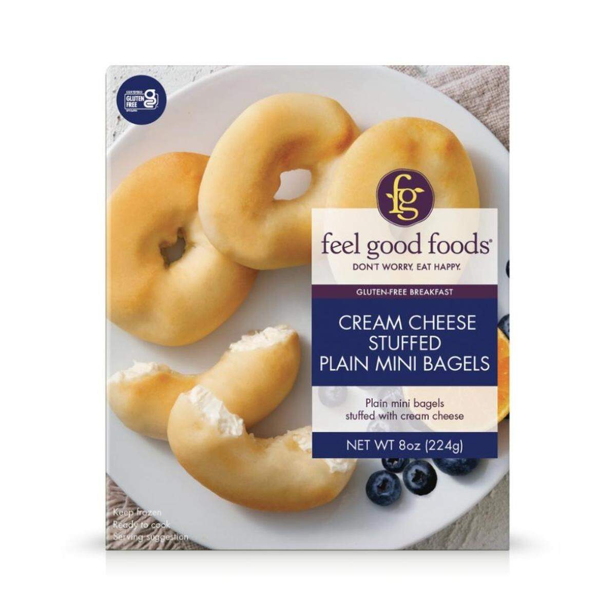 Feel Good Foods Gluten Free Cream Cheese Stuffed Plain Mini Bagels in previous packaging.