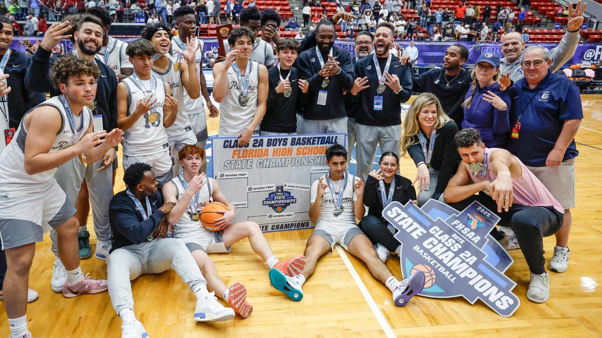 Riviera Prep celebrates after defeating Santa Fe Catholic in for the FHSAA Class 2A Boys High School Basketball State Championship at the RP Funding Center in Lakeland, Florida on Saturday, March 1, 2025.