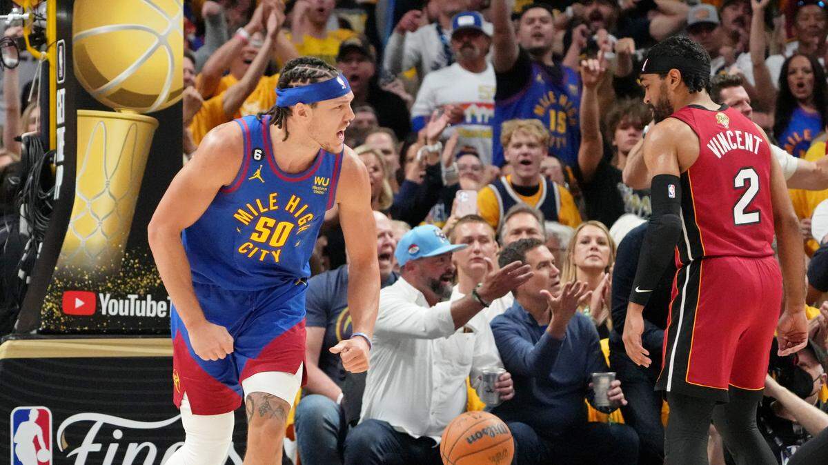 Denver Nuggets forward Aaron Gordon (50) reacts after a play against the Miami Heat during the first quarter in game one of the 2023 NBA Finals at Ball Arena.