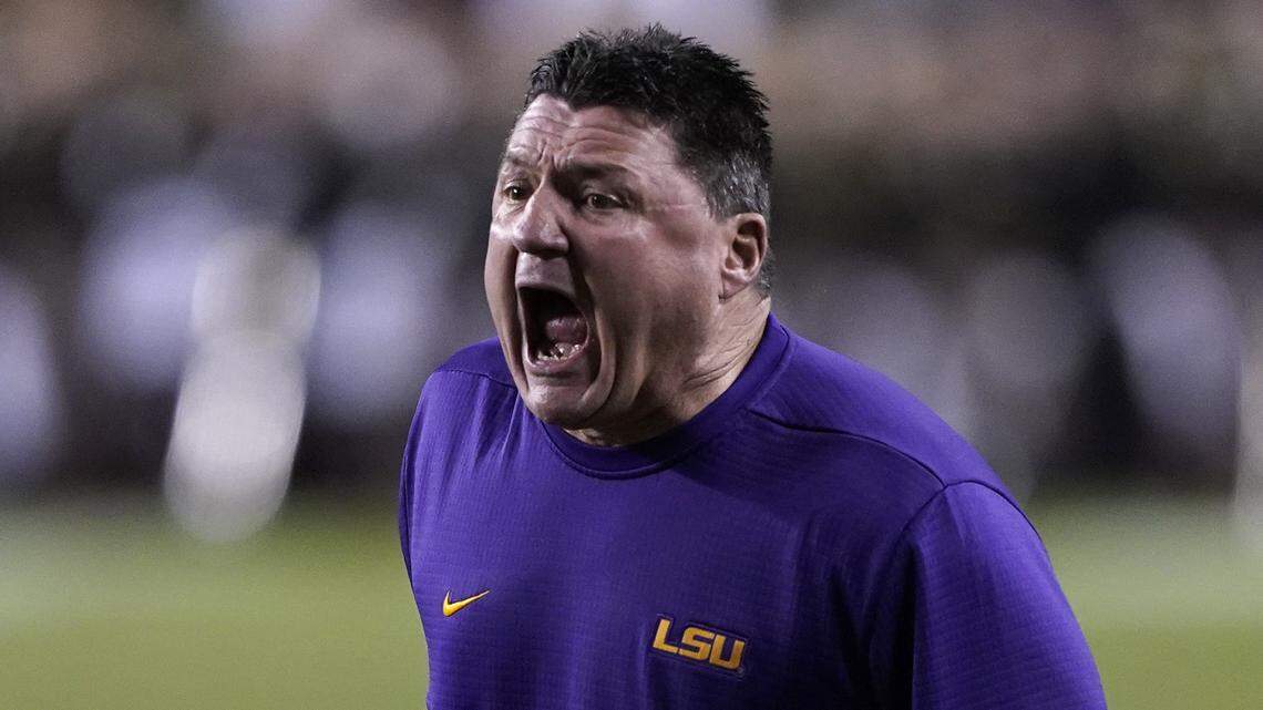LSU coach Ed Oregon yells at the officials during overtime of an NCAA college football game against Texas A&M on Nov. 24.