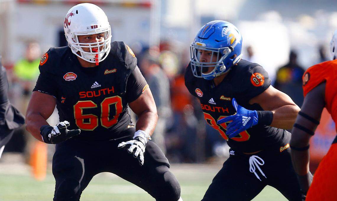 South offensive tackle Andre Dillard of Washington State (60) during the first half of the Senior Bowl college football game, Saturday, Jan. 26, 2019, in Mobile, Ala.