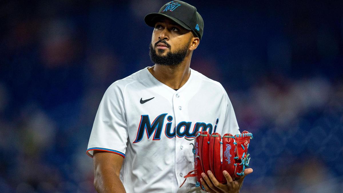 Miami Marlins pitcher Sandy Alcantara (22) reacts as he walks off the field during the third inning of an MLB game against the Washington Nationals at loanDepot park in the Little Havana neighborhood of Miami, Florida, on Wednesday, June 8, 2022.