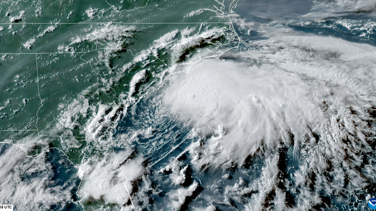 A NOAA satellite image of Tropical Storm Chantal approaching the coast of the Carolinas, taken on July 5, 2025.