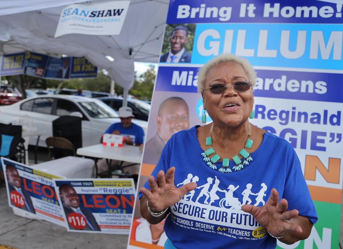 Political consultant Elizabeth Judd, 77, at her tent outside the early-voting site in the North Dade Regional Library in Miami Gardens on Wednesday, Oct. 31, 2018.