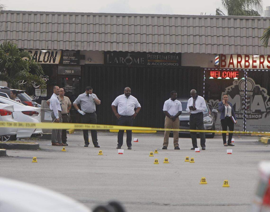 Police work on a crime scene where two people were killed and over 20 were hurt in a mass shooting at a rap concert, when three men stepped from a white SUV and opened fire at El Mula Banquet Hall on Sunday, May 30, 2021.