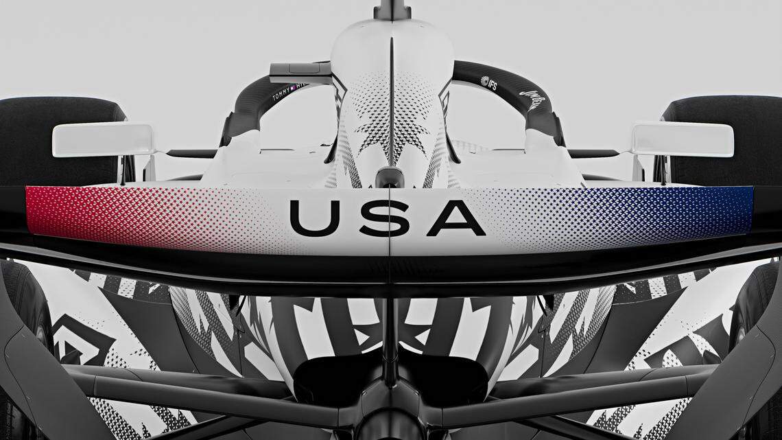 The rear wing of the Cadillac Formula 1 Team Miami Special Livery