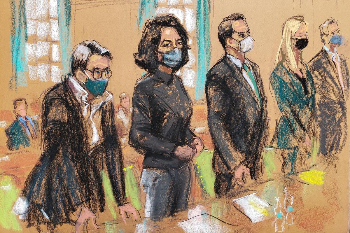 Ghislaine Maxwell stands before U.S. District Judge Alison J. Nathan with her defense team of Bobbi Sternheim, Christian Everdell, Laura Menninger and Jeffrey Pagliuca, during a pre-trial hearing on Nov. 15, 2021.