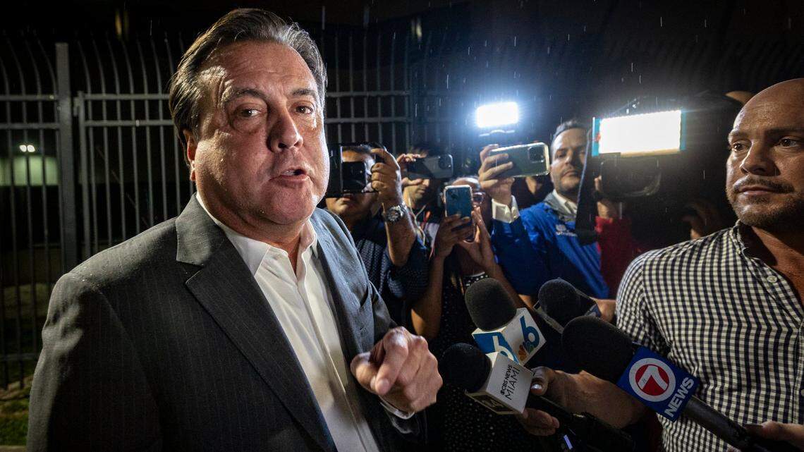 A defiant Miami City Commissioner Alex Diaz De La Portilla speaks to reporters after he was let out of Turner Guilford Knight Correctional Center following his arrest on Thursday, Sept. 14, 2023.