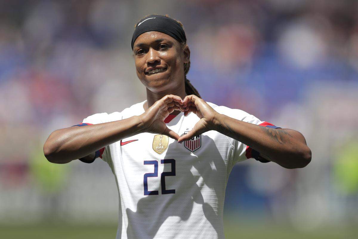 United States forward Jessica McDonald is introduced during a send-off ceremony ahead of the FIFA Women’s World Cup after an international friendly soccer match against Mexico, Sunday, May 26, 2019, in Harrison, N.J. The U.S. won 3-0.